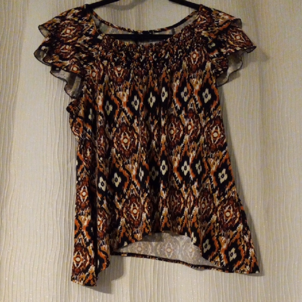 Women's Ruffled Off-Shoulder Top in Brown Pattern